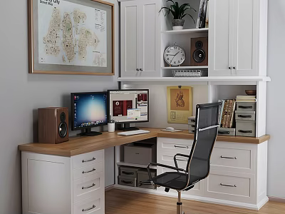 Modern Wooden Desk With Computer Monitors Office Chair Plant Clock White Cabinets And Map Decor 3d model