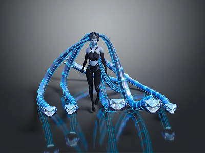 Futuristic Female Character With Blue Serpentine Creatures And Glowing Tech Elements 3d model
