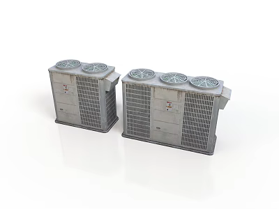Two Gray Air Conditioning Units With Top Mounted Fans And Grille Design 3d model