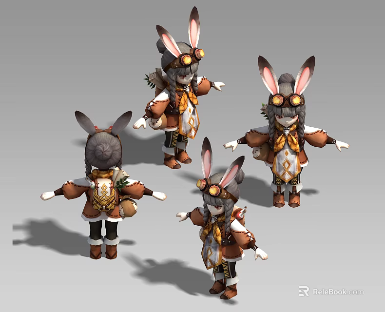 Steampunk Rabbit Characters With Mechanical Goggles And Detailed Costumes In Various Poses 3d model 