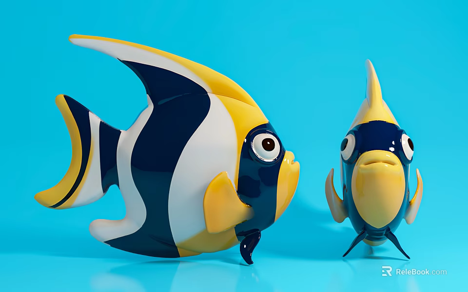 Colorful Stylish Aquatic Fish With Blue Yellow White And Black Patterns On Light Blue Background 3d model 