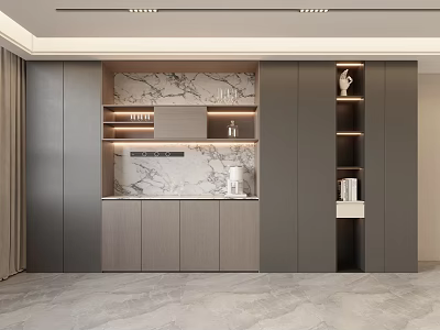 Modern Wine Cabinet Design With Marble Backdrop Glass Shelves And Elegant Storage 3d model