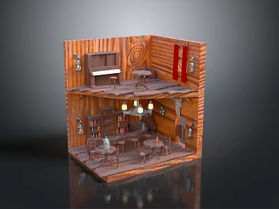 Miniature Wooden Room Model Interior With Piano Bookshelf Table Chairs And Chandelier 3d model