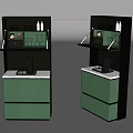 Modern Green Sideboard With Marble Top Open Shelves Drawers Kettle And Glasses