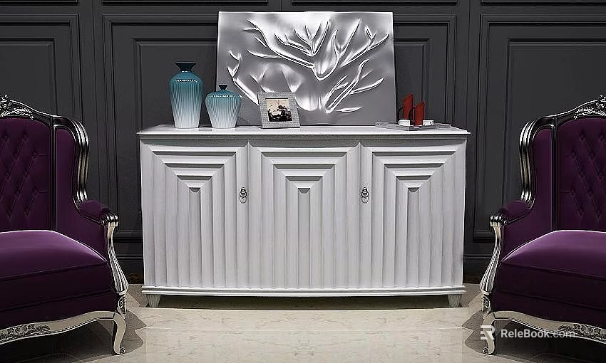 Elegant White Console Cabinet With Vertical Stripes Decorative Vases Silver Wall Art And Purple Chairs 3d model 