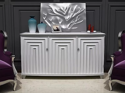 Elegant White Console Cabinet With Vertical Stripes Decorative Vases Silver Wall Art And Purple Chairs 3d model