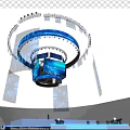 Night Illuminated Architectural Structure With Blue Radial Beams And Firework Decorations