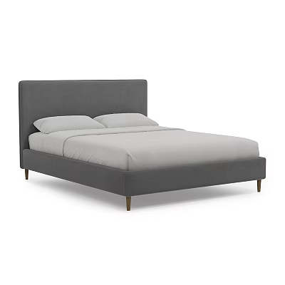 Upholstered Grey Double Bed With Simple Design Wooden Legs And Light Sheets 3d model