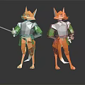 Two Origami Style Fox Characters Standing With Green Outfits And Swords