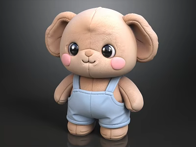 Cute Plush Toy With Big Ears Black Eyes Pink Cheeks And Blue Overalls 3d model