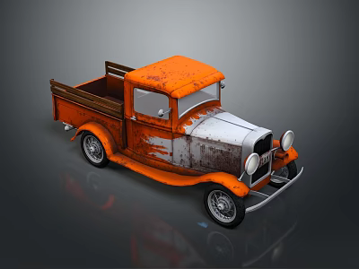 Vintage Orange And Silver Rusted Truck With Wooden Bed And Retro Design 3d model