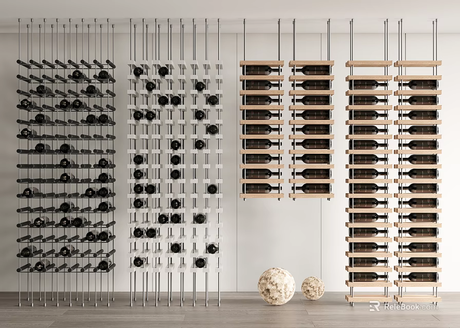 Modern Wine Cabinet Design With Hanging Metal Frames And Wooden Bottle Storage Shelves 3d model 