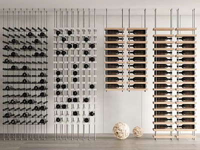 Modern Wine Cabinet Design With Hanging Metal Frames And Wooden Bottle Storage Shelves 3d model