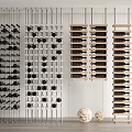 Modern Wine Cabinet Design With Hanging Metal Frames And Wooden Bottle Storage Shelves
