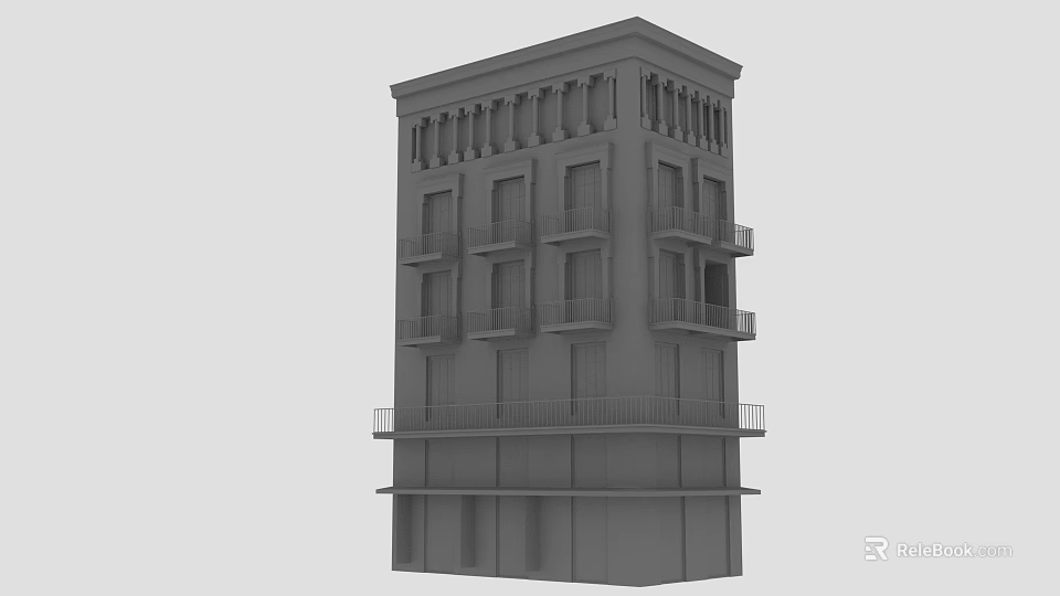 Gray Multi Story Building Exterior With Classical Balconies And Windows 3d model 