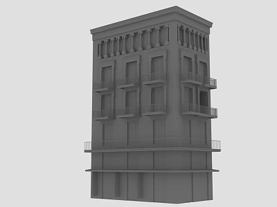 Gray Multi Story Building Exterior With Classical Balconies And Windows 3d model