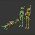 Mechanical Robots In Different Poses Standing And Lying With Yellow Green Parts