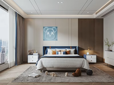 Vibrant Kids Room Interior With Playful Bedding Stuffed Animals And Colorful Wall Art 3d model