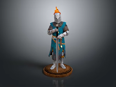 Decorative Knight Statue With Blue Armor Flame Helmet And Long Sword On Round Base 3d model