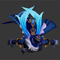 Cute Child Character In Blue Costume With White Hair Hat And Decorative Cloak