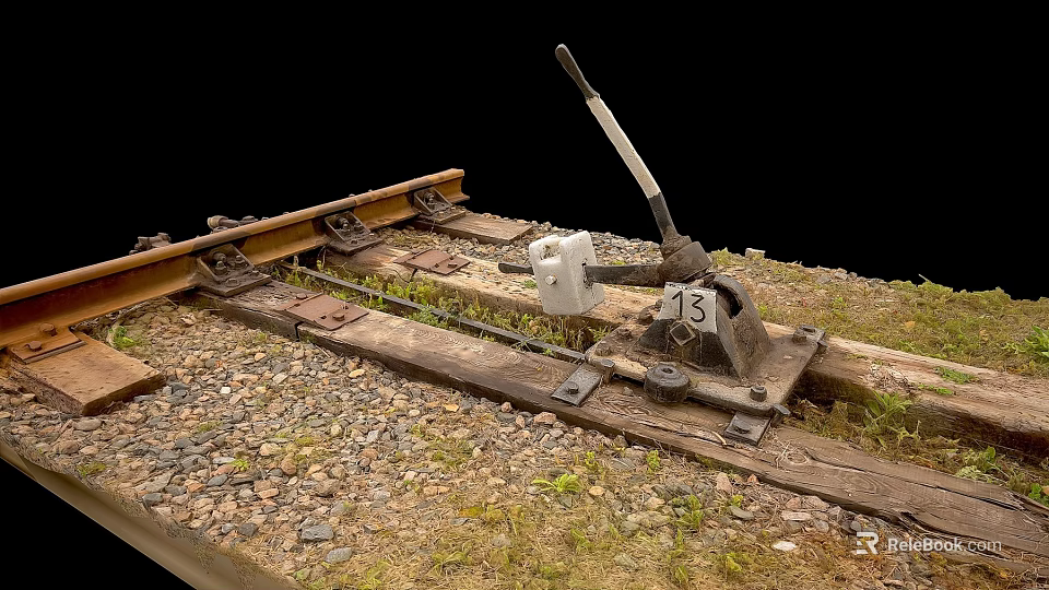 Rustic Railroad Switch Mechanism With Track Lever Number 13 Gravel And Wooden Ties 3d model 