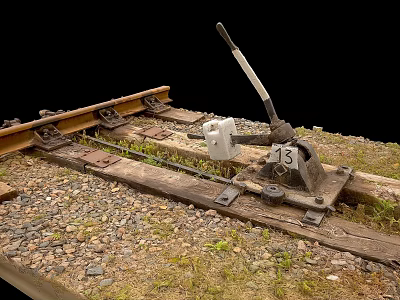 Rustic Railroad Switch Mechanism With Track Lever Number 13 Gravel And Wooden Ties 3d model