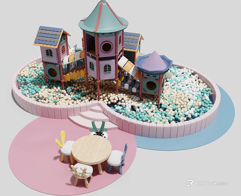 Colorful Children's Playground With Play Structures Sandpit And Small Tables Chairs 3d model 