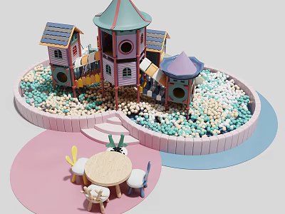 Colorful Children's Playground With Play Structures Sandpit And Small Tables Chairs 3d model