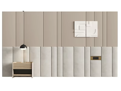 Modern Bedroom Accent Wall With Beige Gray Paneled Design Hanging Lamp And Wooden Nightstand 3d model