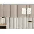 Modern Bedroom Accent Wall With Beige Gray Paneled Design Hanging Lamp And Wooden Nightstand