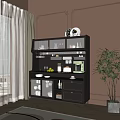 Modern Gray Sideboard With Grid Doors Open Shelves Coffee Machine And Decorative Items 3d model