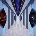 Modern Elevator Hallway With Starry Sky Ceiling Blue Lighting Marble Floor And Decorative Panels 3d model