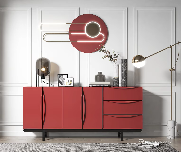 Modern Red Console Table With Storage Cabinets Drawers And Round Mirror On Paneled Wall Interior 3d model