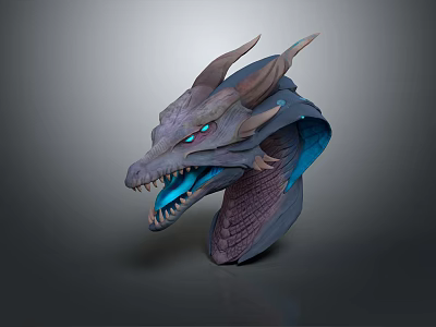 Detailed Mythical Dragon Head Creature With Glowing Blue Eyes Horns And Scales 3d model