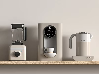 Sleek Modern Kitchen Appliances Including Blender Coffee Machine And Electric Kettle On Shelf 3d model
