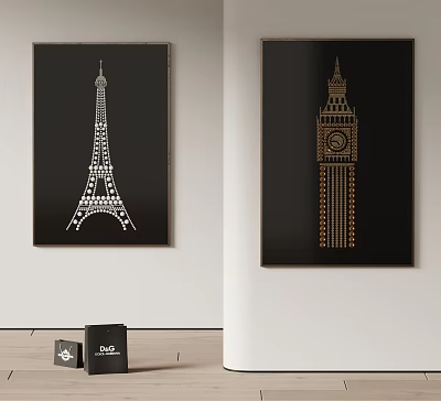 Abstract Paintings Featuring Eiffel Tower and Big Ben with Black Background and White Gold Lines 3d model