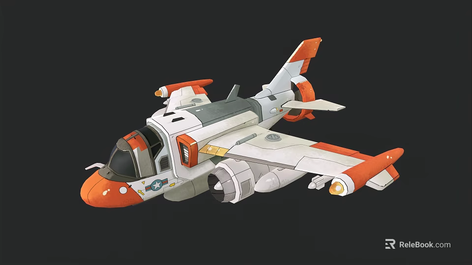 Animated Cartoon Fighter Jet With Cockpit Wings And Orange White Gray Design 3d model 