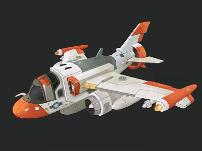 Animated Cartoon Fighter Jet With Cockpit Wings And Orange White Gray Design 3d model