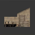 Modern Rustic Outdoor Setup With Brick Wall Wooden Bench Stacked Bricks And Wheelbarrow