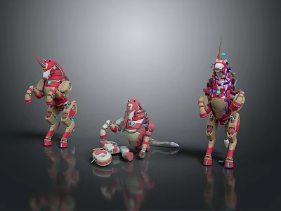 Mechanical Creature Characters With Unicorn Design In Red Beige Colors And Decorative Elements 3d model