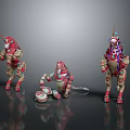 Mechanical Creature Characters With Unicorn Design In Red Beige Colors And Decorative Elements