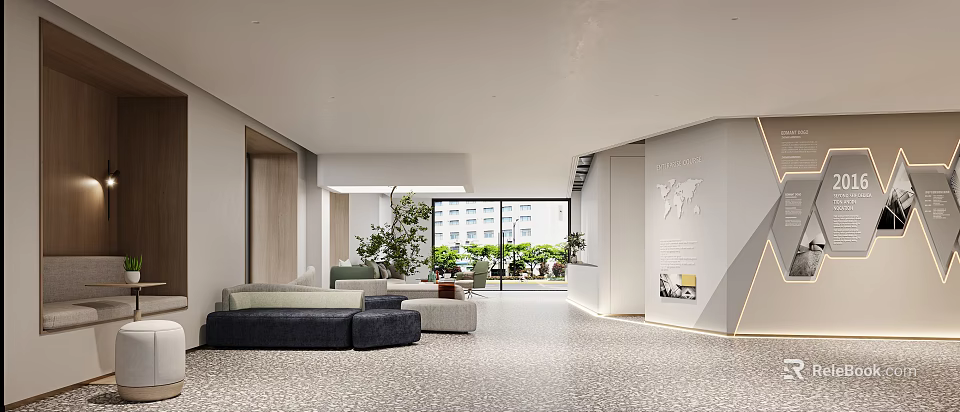 Spacious Modern Lounge Area With Sofas Green Plants And Large Windows 3d model