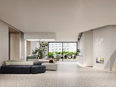 Spacious Modern Lounge Area With Sofas Green Plants And Large Windows 3d model