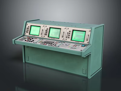 Industrial Control Console With Three Green Displays And Control Panel Buttons 3d model