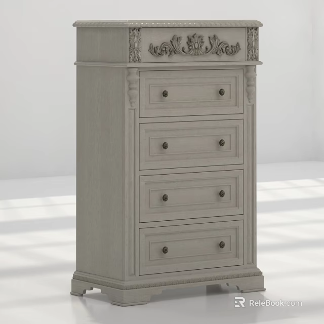 White Classic Chest of Drawers with Four Drawers and Carved Top Design 3d model 