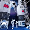 Space Rocket Launch Tower With Astronaut Figures And Starry Background 3d model