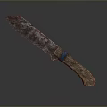 Rustic Combat Knife With Weathered Blade And Wooden Handle Blue Accent