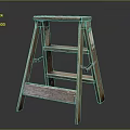 Vintage Wooden Step Ladder With Aged Brown Finish And Green Accents