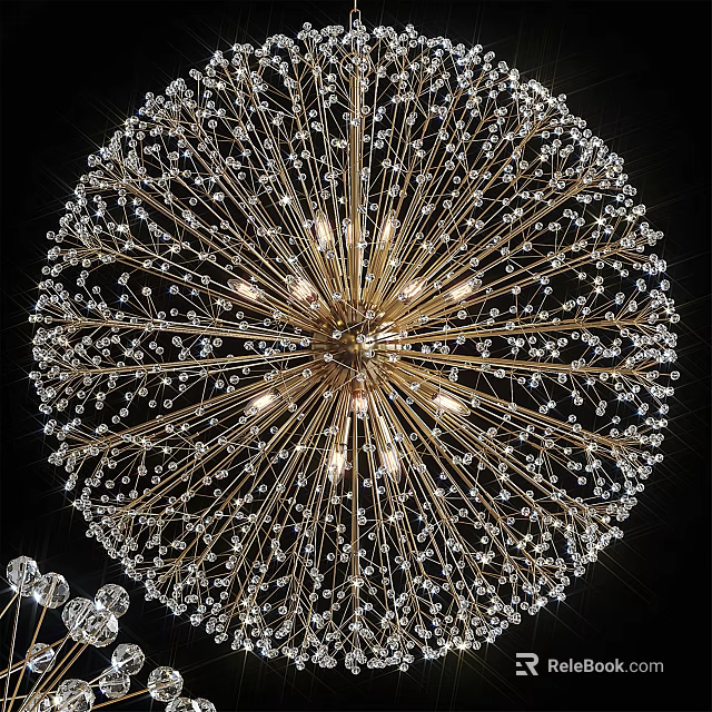 Dandelion Shaped Crystal Chandelier With Golden Metal Frame And Sparkling Lighting 3d model 