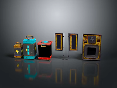 Vintage Utility Cases in Various Colors with Lightning Logos Arranged on Gray Surface 3d model
